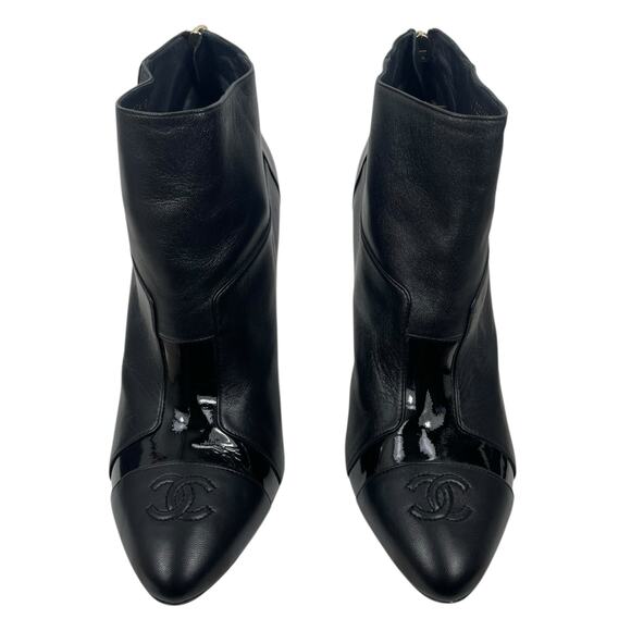 Chanel CC Logo Cap Toe Lamb Leather Heel Ankle Boots Black Size 38 - Picture 6 of 15